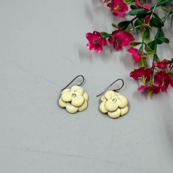 Cream Enamel Floral Drop Earrings in Cream - Designer Style with Crystal Accents - Picture 4 of 5